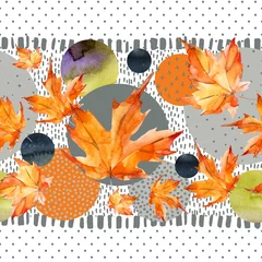 Tuinposter Watercolor autumn leaves, circle shapes on minimal doodle textures background © Tanya Syrytsyna