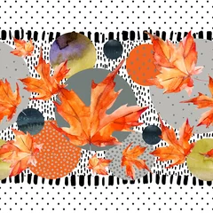 Fotobehang Aquarel herfstbladeren, cirkelvormen op minimale doodle texturen achtergrond. © Tanya Syrytsyna