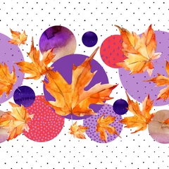 Zelfklevend Fotobehang Aquarel herfstbladeren, cirkelvormen op minimale doodle texturen achtergrond. © Tanya Syrytsyna