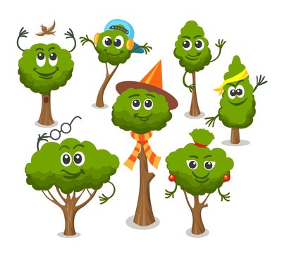 Cute trees with faces. Funny smiling tree and bush set isolated on white background, vector cartoon fairytale plants characters