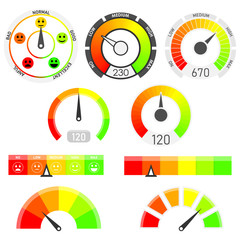Credit score indicators with color levels from low to max. Abstract concept graphic element of tachometer, speedometer. Gauges vector set.