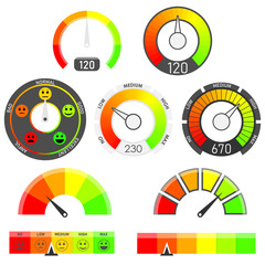 Credit score indicators with color levels from low to max. Abstract concept graphic element of tachometer, speedometer. Gauges vector set.
