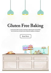 Bakery counter illustration with watercolour detailing and space for messaging. Gluten free baking. Interior vector illustration set.