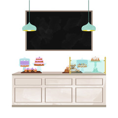 Bakery counter illustration with large, blank chalkboard messaging space. Interior vector illustration set.