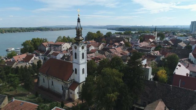 Aerial view of classic Orthodox church and old town of Zemun, located on the Danube river in Belgrade, Serbia