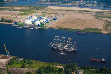 A large sailboat goes along the water area of the Daugava River.
The last windjammer bark...