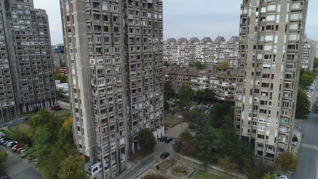 Flying past concrete tower blocks used for social housing in Belgrade, Serbia