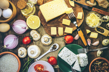 different cheeses and ingredients for cooking