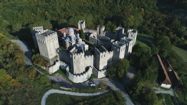 Drone shot of Orthodox monastery (Manasija), isolated religious community in Serbia