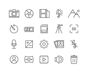 Simple Set of Camera vector thin line icons, Editable Stroke linear symbols.