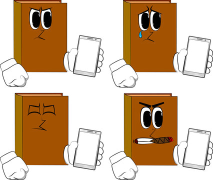 Books holding smartphone with blank white screen. Cartoon book collection with angry and sad faces. Expressions vector set.
