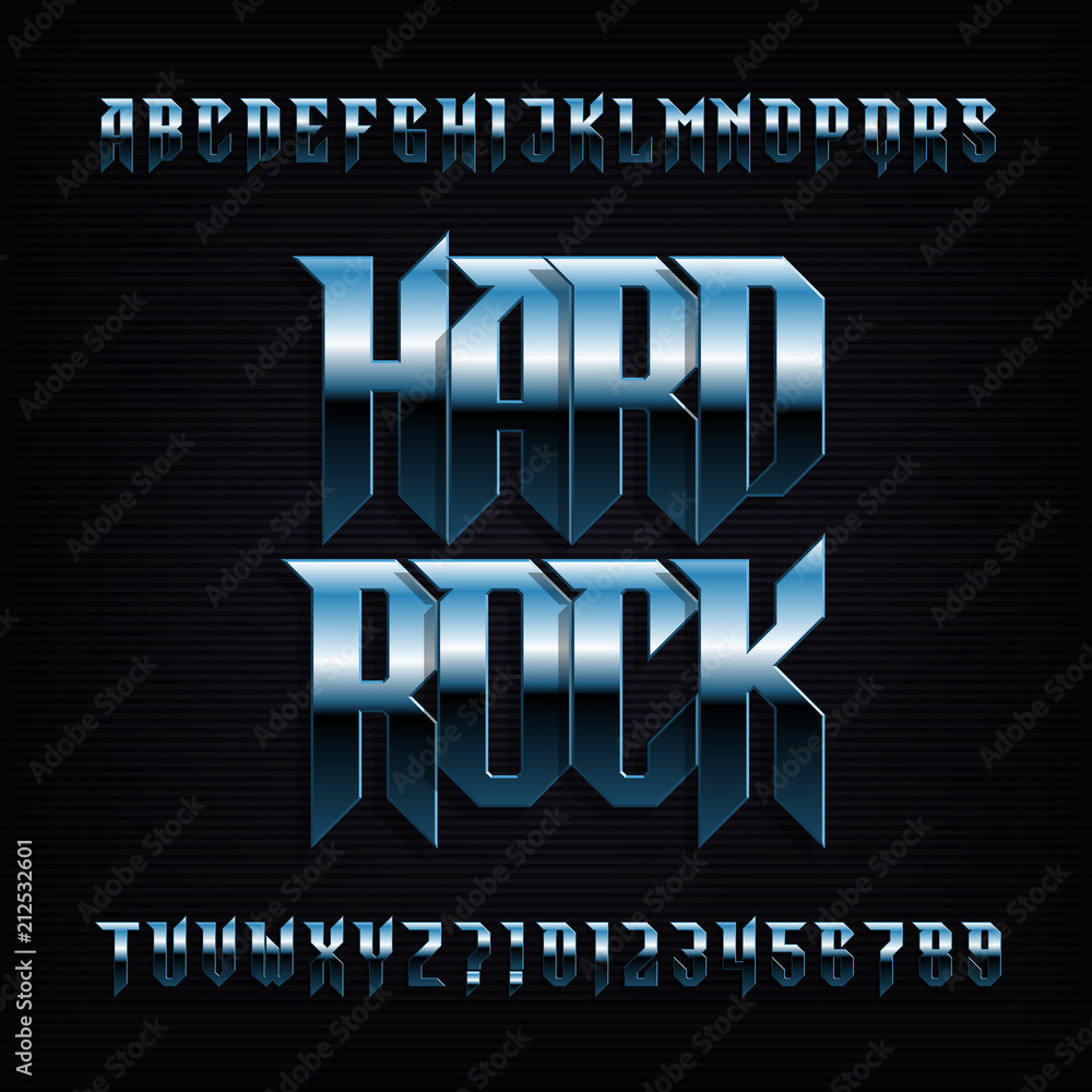 Fototapete hard rock alphabet font. metal effect shiny letters, numbers and symbols. stock vector typeface for 