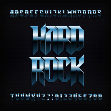 Hard rock alphabet font. Metal effect shiny letters, numbers and symbols. Stock vector typeface for your design.
