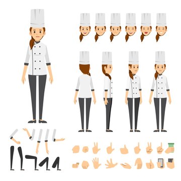 chef woman character set. Full length. Different view, emotion, gesture.
