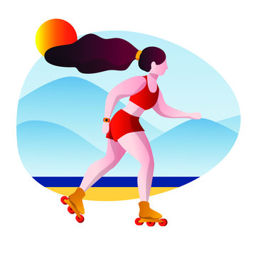 Vector illustration of a roller girl in motion on the beach isolated on white