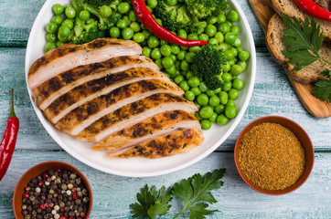 Fried chicken breast with green vegetables