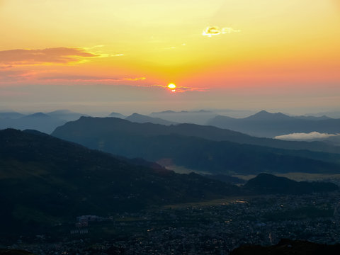 View of Pokhara Valley from hill Sarangkot during sunrise, Nepal