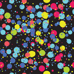 Contrasty vector seamless pattern with brigh paint spots on a black background. Contrasting backdrop for any design.