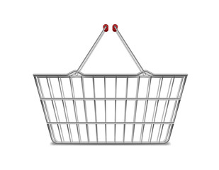 Realistic metal empty supermarket shopping basket side view isolated on white. Basket market cart for sale with handles. vector illustration