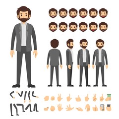 Staff employee man character set. Full length. Different view, emotion, gesture.
