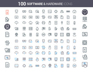 Simple and clean Vector line Software and Hardware icons set. Set of 50 Business Icons suitable for Banner, Bunting, User Interface, Website, Infographics, and Applications. - obrazy, fototapety, plakaty