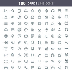Simple and clean Vector line for Office icons set. Set of 100 Office Icons suitable for Banner, Bunting, User Interface, Website, Infographics, and Applications.