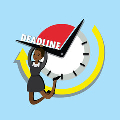 Sad african american Businesswoman hanging on the clock arrow,