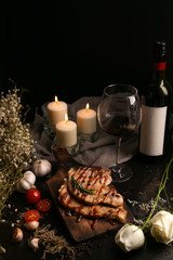 Premium steak served with red wine for luxury main course in special occasion like a wedding aniversary, chrismas holiday celebration.