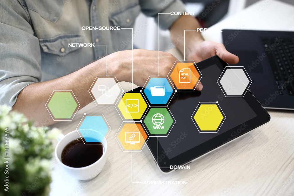 Poster cms. content management system applications icons on virtual screen. business, internet and technolo
