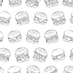 Group of vector illustrations on the fast food theme; pattern of different kinds of burgers.