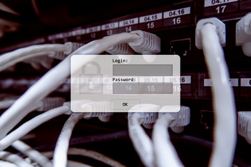 Server room, login and password request, data access and security.