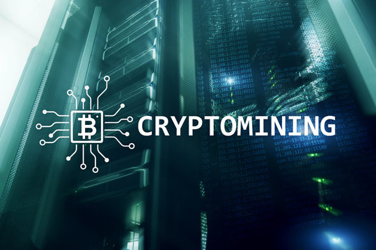 Cryptocurrency mining concept on server room background.