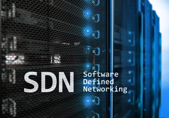 SDN, Software defined networking concept on modern server room background.
