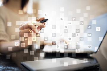 Virtual screen interface with applications icons. APPS. Work Business process in modern office. Strategy planning  Internet technology concept.