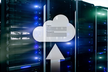 Cloud storage, data access, login and password request window on server room background. Internet...