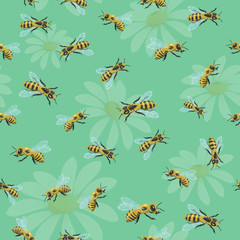 seamless pattern with bees and chamomile
