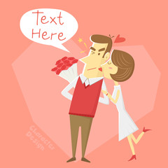 Love couple cartoon character design in lovely kissing on the cheek action, Girl is kissing to boy on his cheek - Vector illustration.