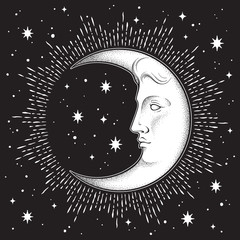 Crescent moon and stars in antique style hand drawn line art and dotwork. Boho chic tattoo, poster, altar veil, tapestry or fabric print design vector illustration.