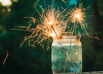 summer, vacation, holiday, garden, fireworks, bengal lights, sunset, party