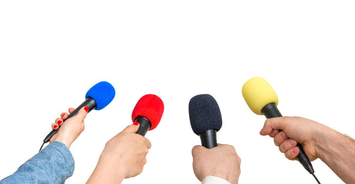 Hands Of Reporters With Many Microphones Isolated On White