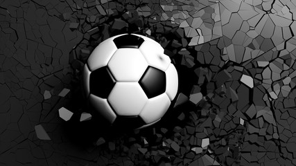Soccer ball breaking forcibly through a black wall. 3d illustration.