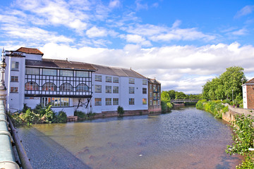 Tauton town old buildings along the Tone river, Somerset, England, Uk
