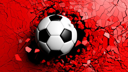 Soccer ball breaking forcibly through a red wall. 3d illustration.