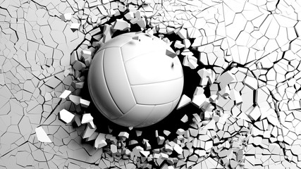 Volleyball ball breaking forcibly through a white wall. 3d illustration. © viperagp