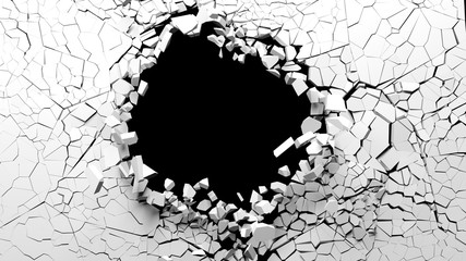 Fototapeta Hole on a broken white wall blank space. 3d illustration. obraz