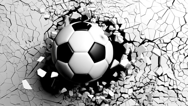 Soccer ball breaking forcibly through a white wall. 3d illustration.