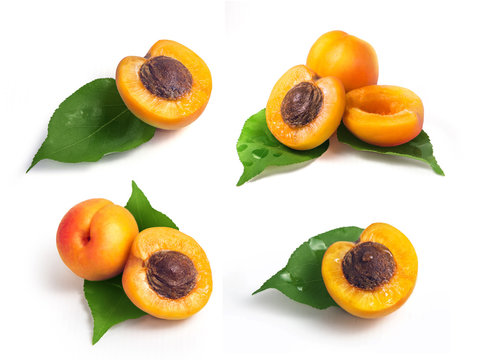 Set of fresh yellow apricots with green leaf on a white background