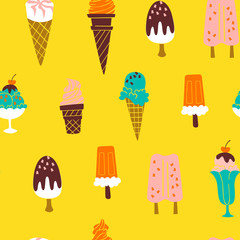 Cute Pattern with Hand Drawn Ice Cream. Vector Background Illustration.
