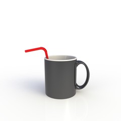 Straw in black coffee cup isolated on white background. Mock up Template for application design. Exhibition equipment. Set template for the placement of the logo. 3D rendering.