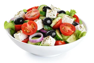 Fotobehang Salad with cheese and fresh vegetables isolated on white background. Greek salad. © vitals